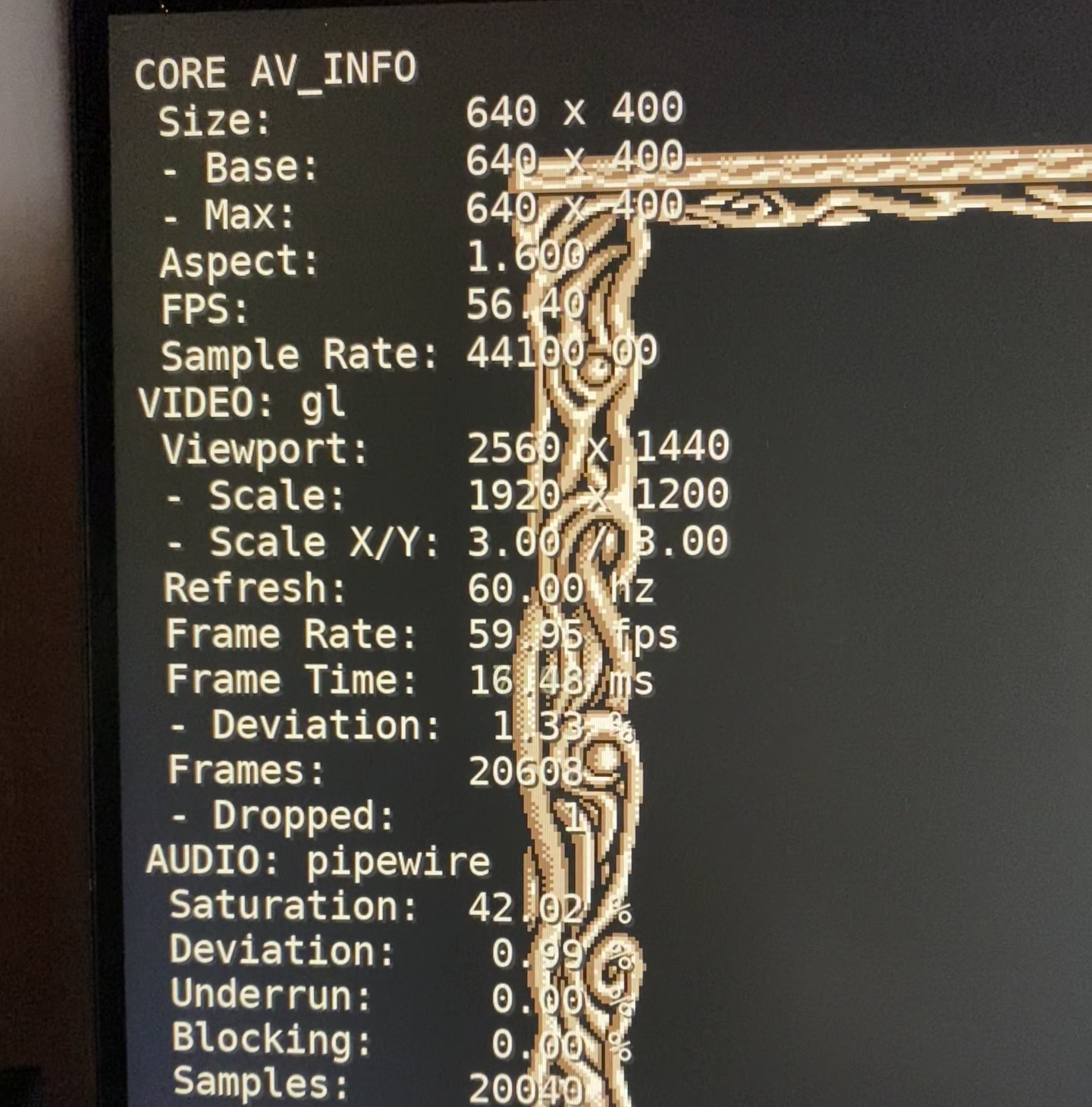 audio_max_timing_skewを広げた後のRetroArch統計表示。AUDIO Blockingが0.00%になっている