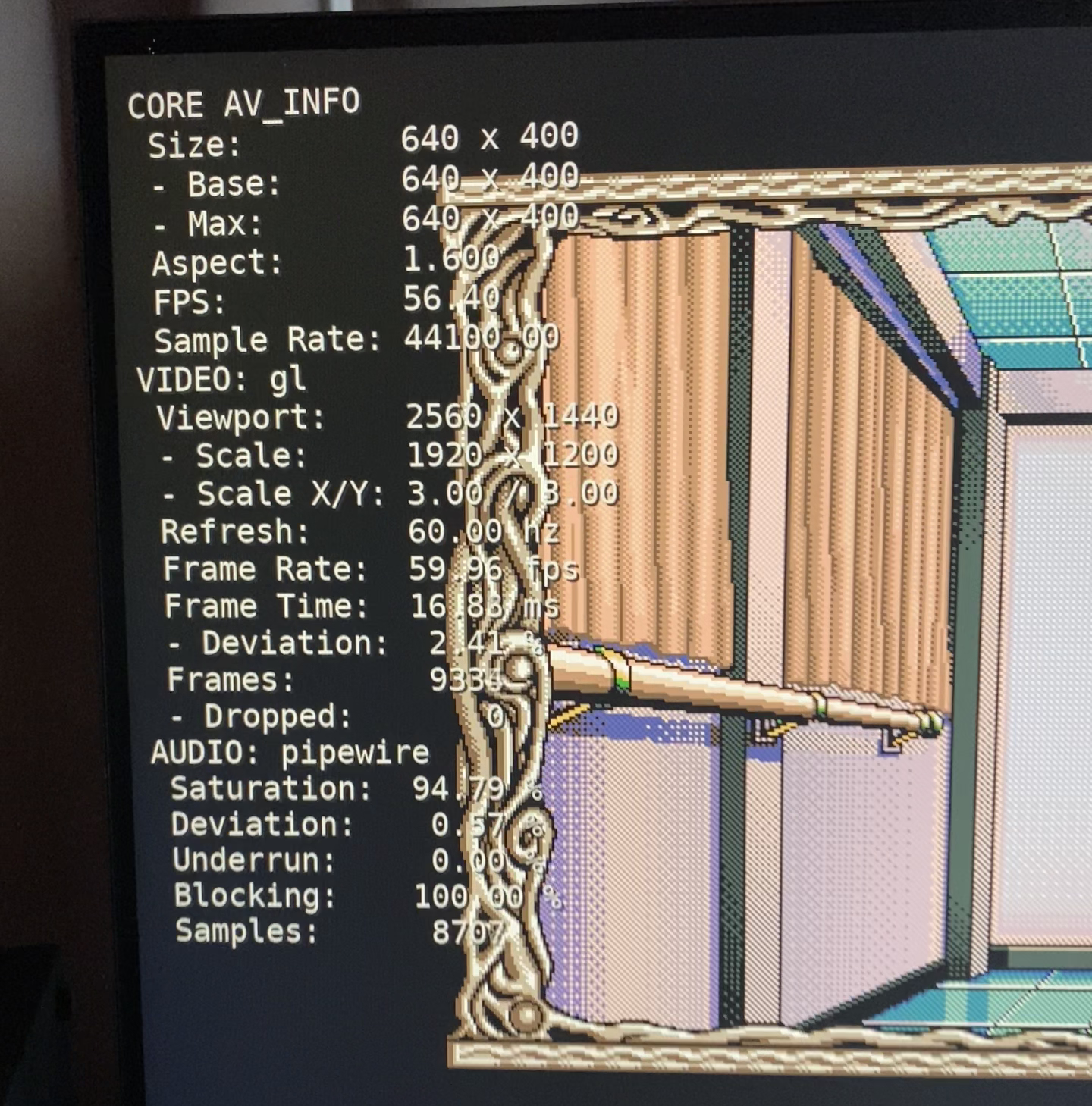 バリバリノイズが出ている時のRetroArch統計表示。AUDIO Blockingが100.00%になっている