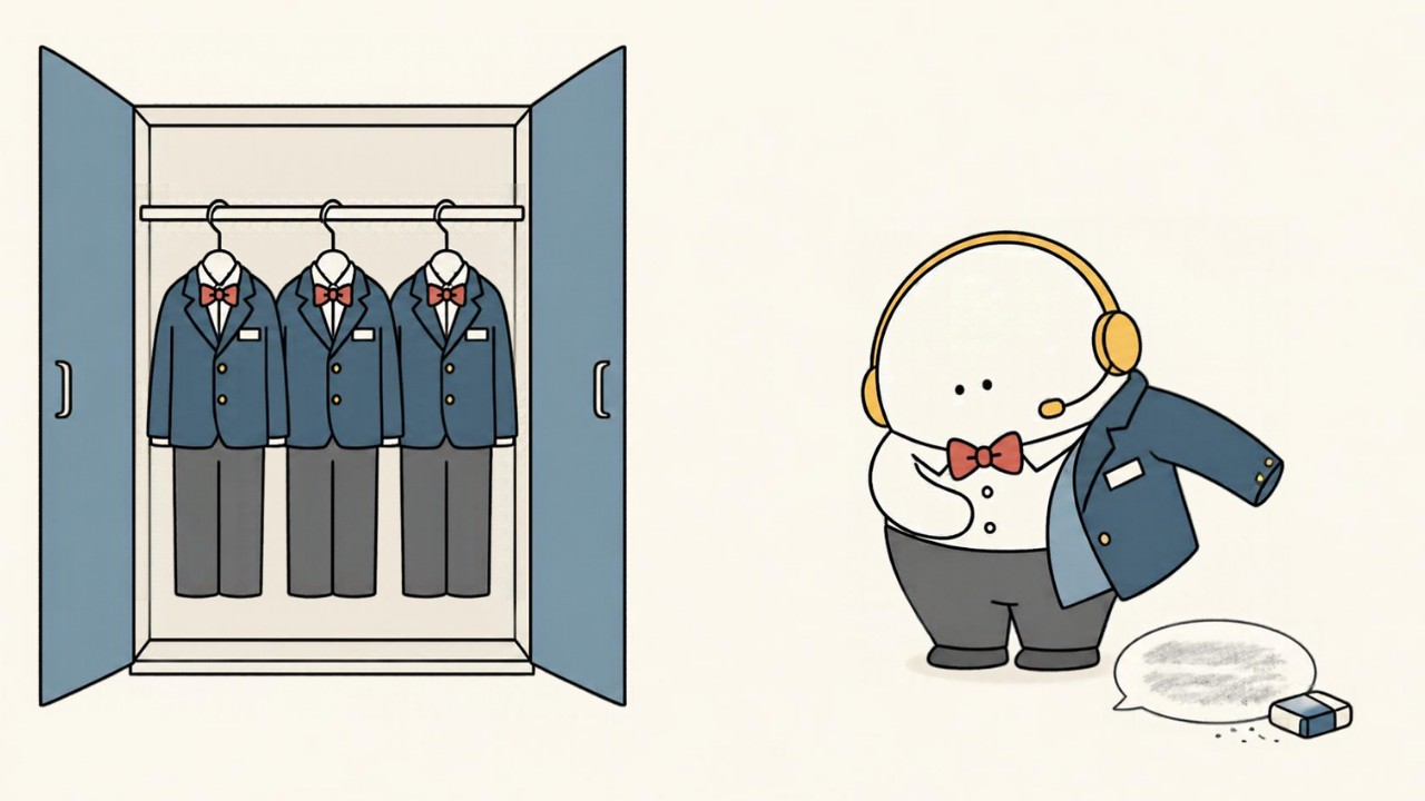 クローゼットに制服がかかっていて、秘書のキャラが着替えている。消しゴムで消えたのは会話だけ